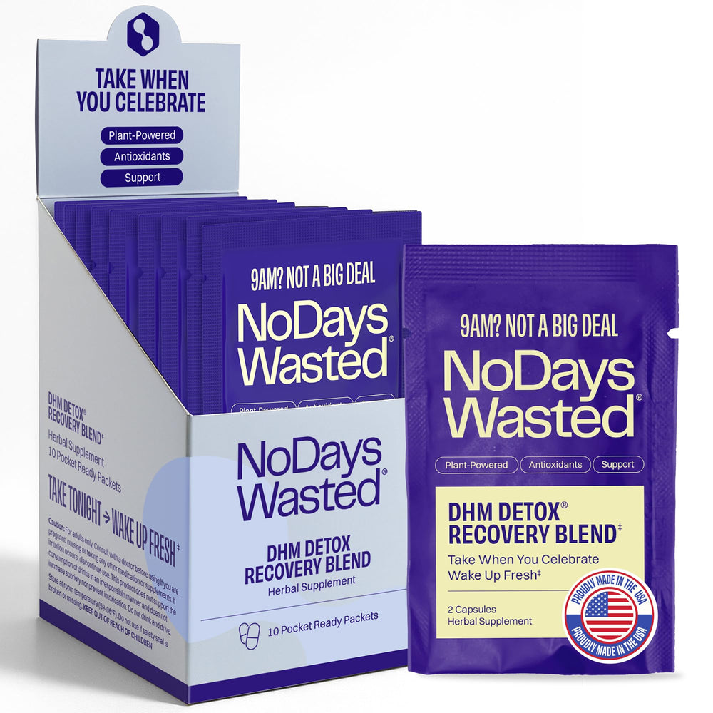 No Days Wasted empaque frontal muestra beneficios y portabilidad