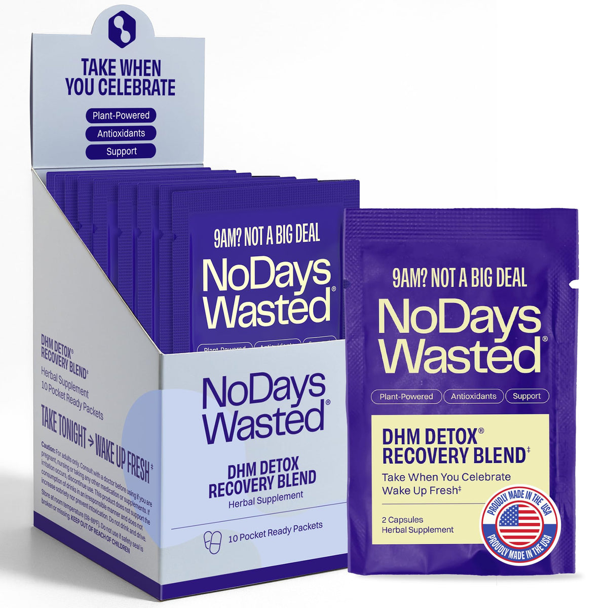 No Days Wasted empaque frontal muestra beneficios y portabilidad