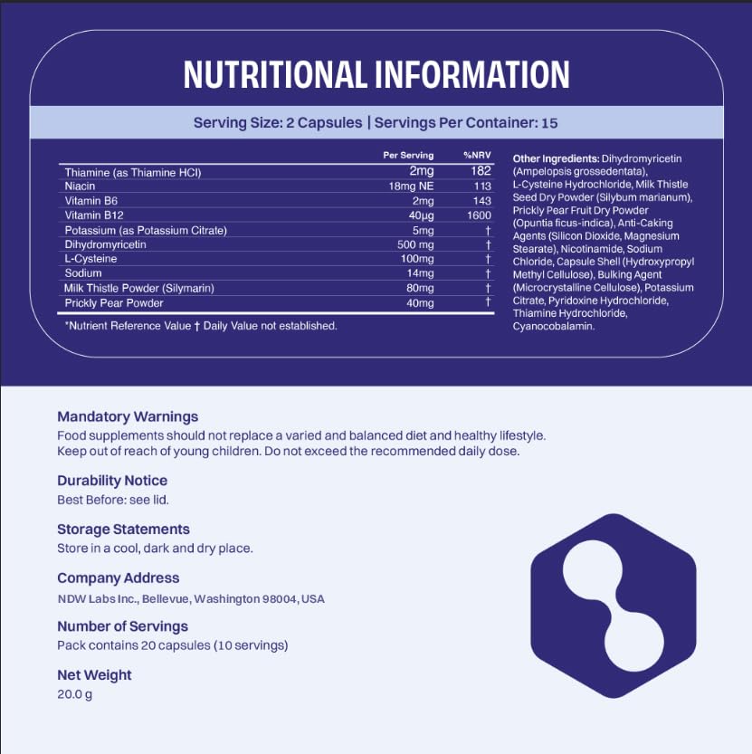 No Days Wasted etiqueta con lista de ingredientes clave y beneficios claros