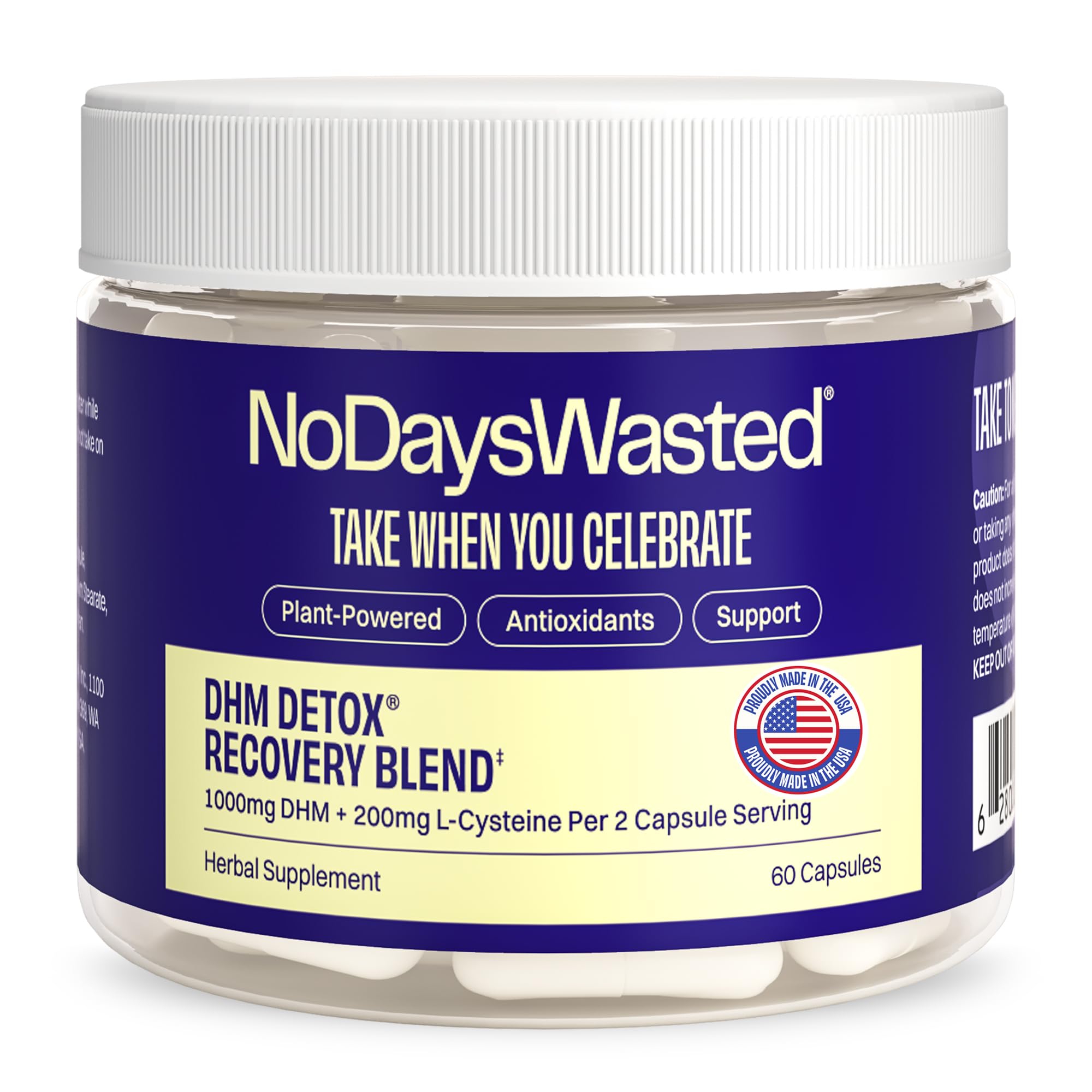 No Days Wasted frasco frontal mostrando 60 cápsulas y diseño práctico