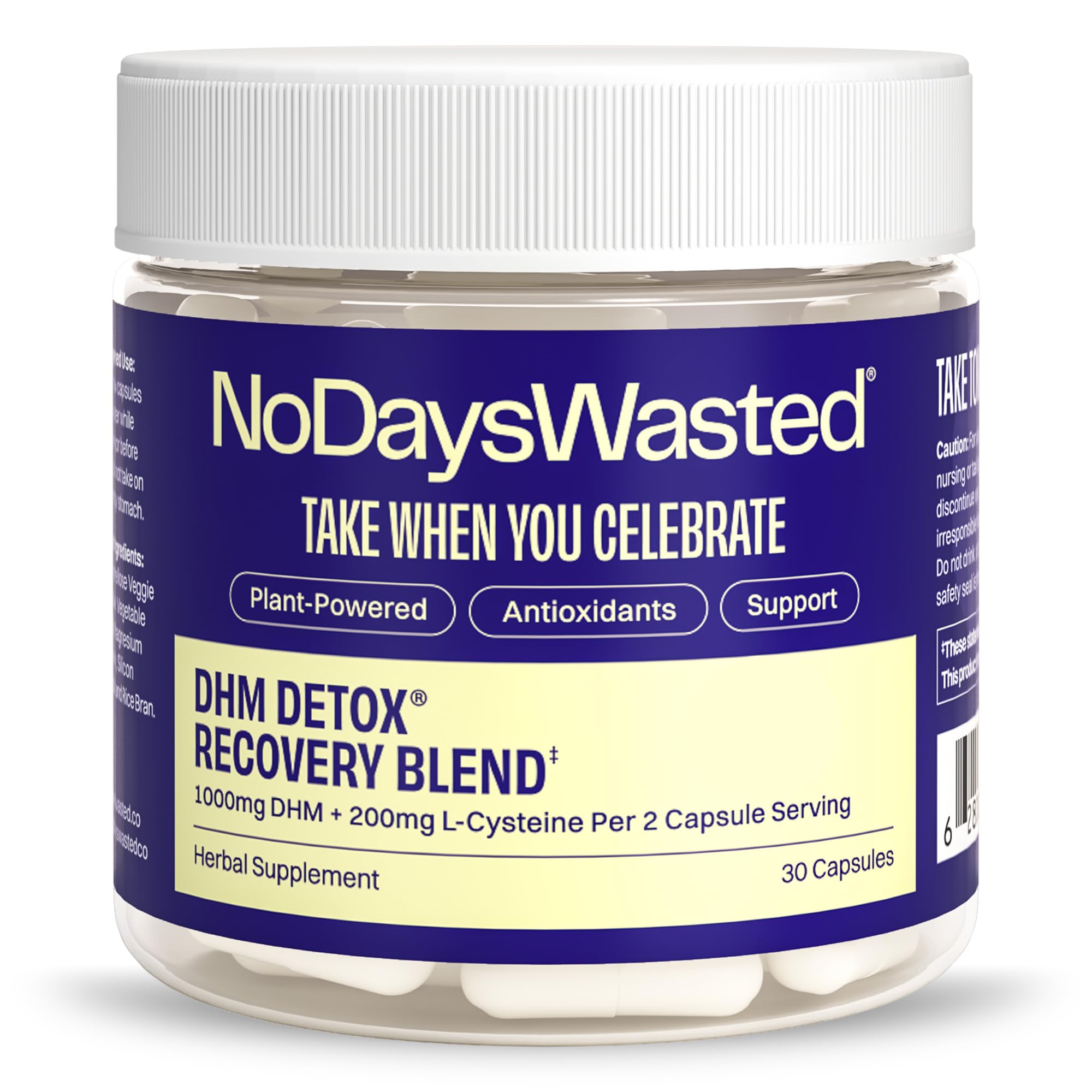 No Days Wasted frasco frontal mostrando 30 cápsulas y conveniencia