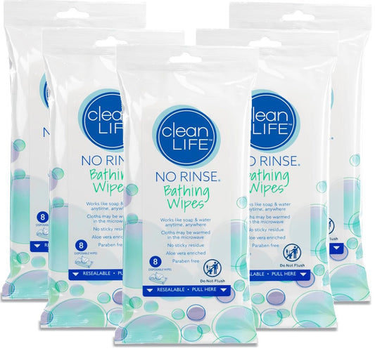 No-Rinse paquete frontal mostrando 5 packs, limpieza rápida y organizada