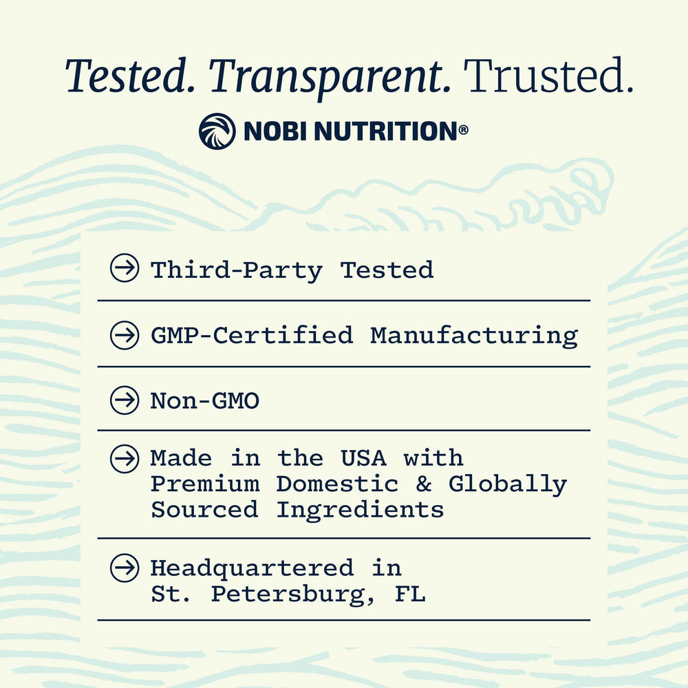 Nobi Nutrition detalle de certificados y sellos de calidad visibles