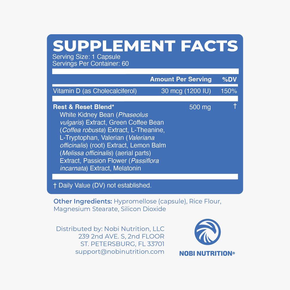 Envase Nobi Nutrition sobre mesita de noche resaltando uso antes de dormir