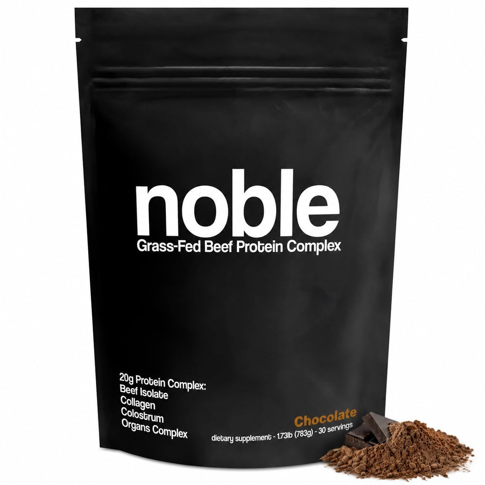 Noble Origins frente del envase mostrando sabor chocolate y beneficios