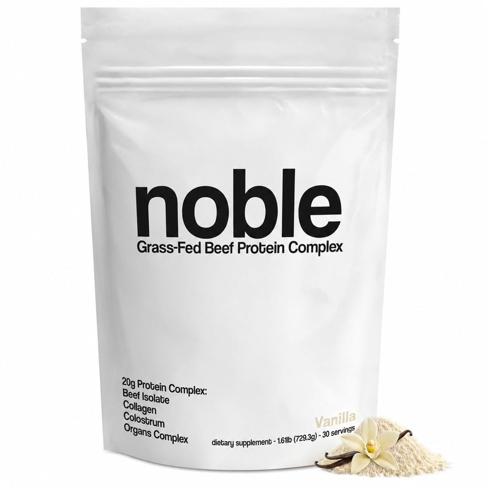 Noble Origins frasco frontal mostrando diseño y tamaño, confianza en la fuente