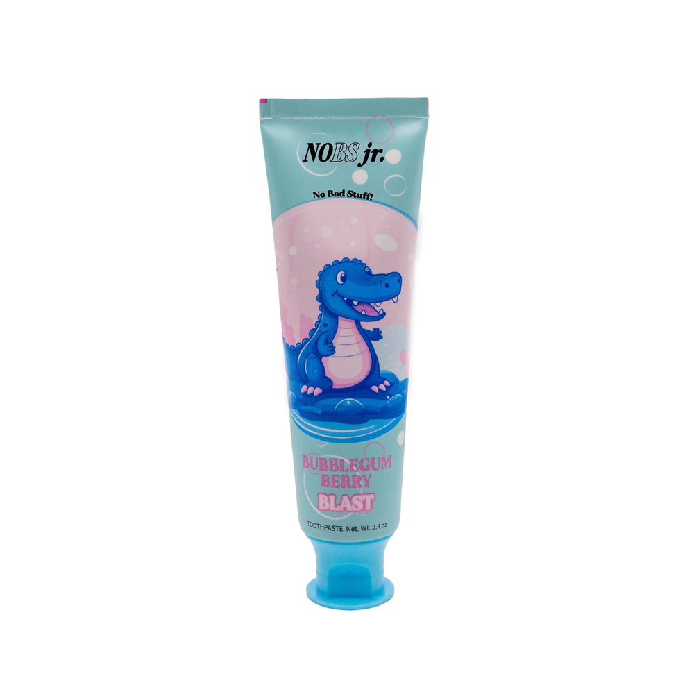 NOBS Jr tubo frontal mostrando el diseño y sabor Bubblegum Berry, fácil de identificar