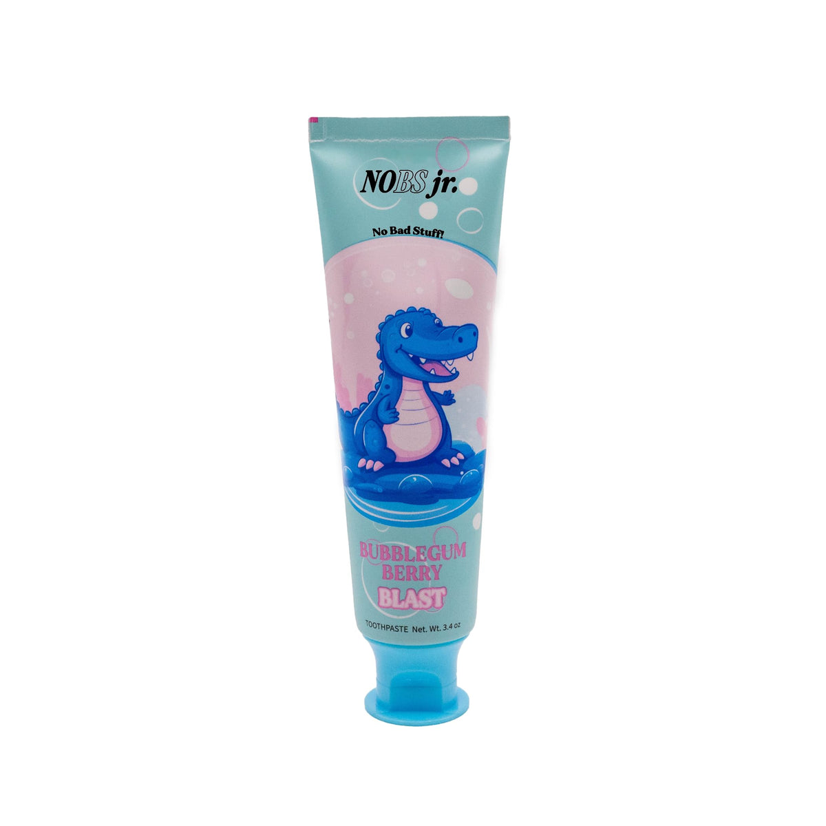 NOBS Jr tubo frontal mostrando el diseño y sabor Bubblegum Berry, fácil de identificar