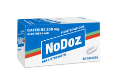 NoDoz frente del empaque mostrando 60 caplets y conveniencia inmediata