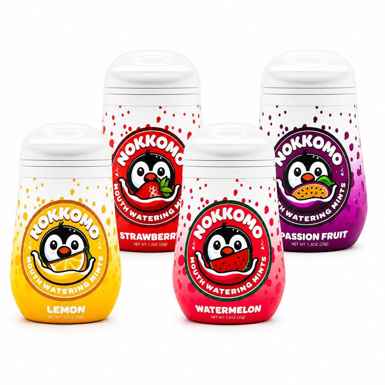 Nokkomo vista frontal del pack mostrando cuatro frascos y colores vibrantes, práctico para llevar
