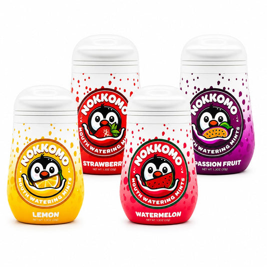 Nokkomo vista frontal del pack mostrando cuatro frascos y colores vibrantes, práctico para llevar