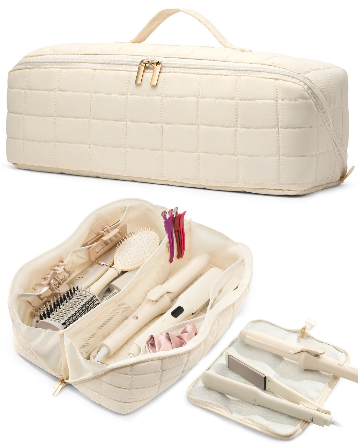Noldena estuche frontal beige mostrando cierre y diseño, ideal para viajar
