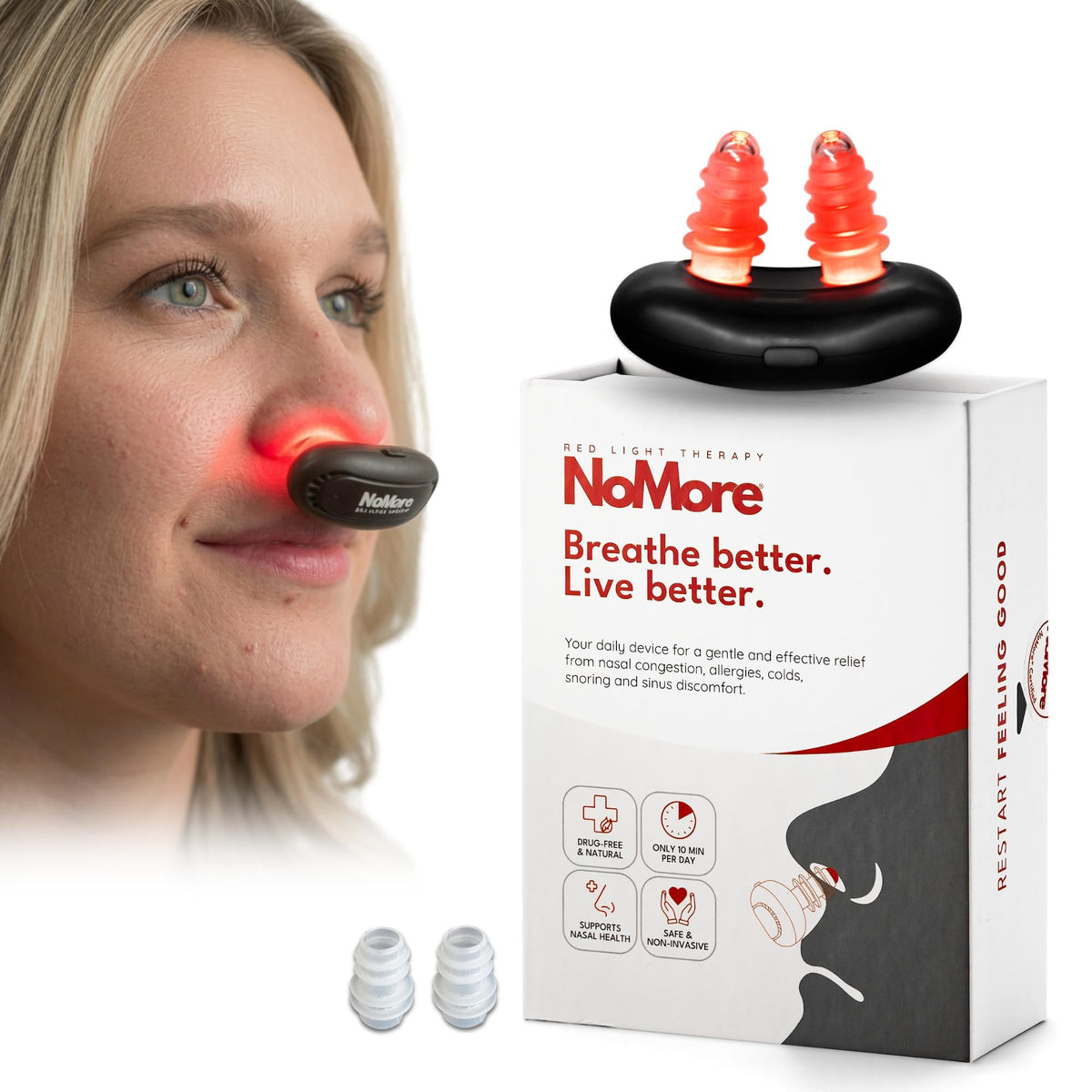 NoMore vista frontal del dispositivo nasal mostrando diseño compacto y utilidad