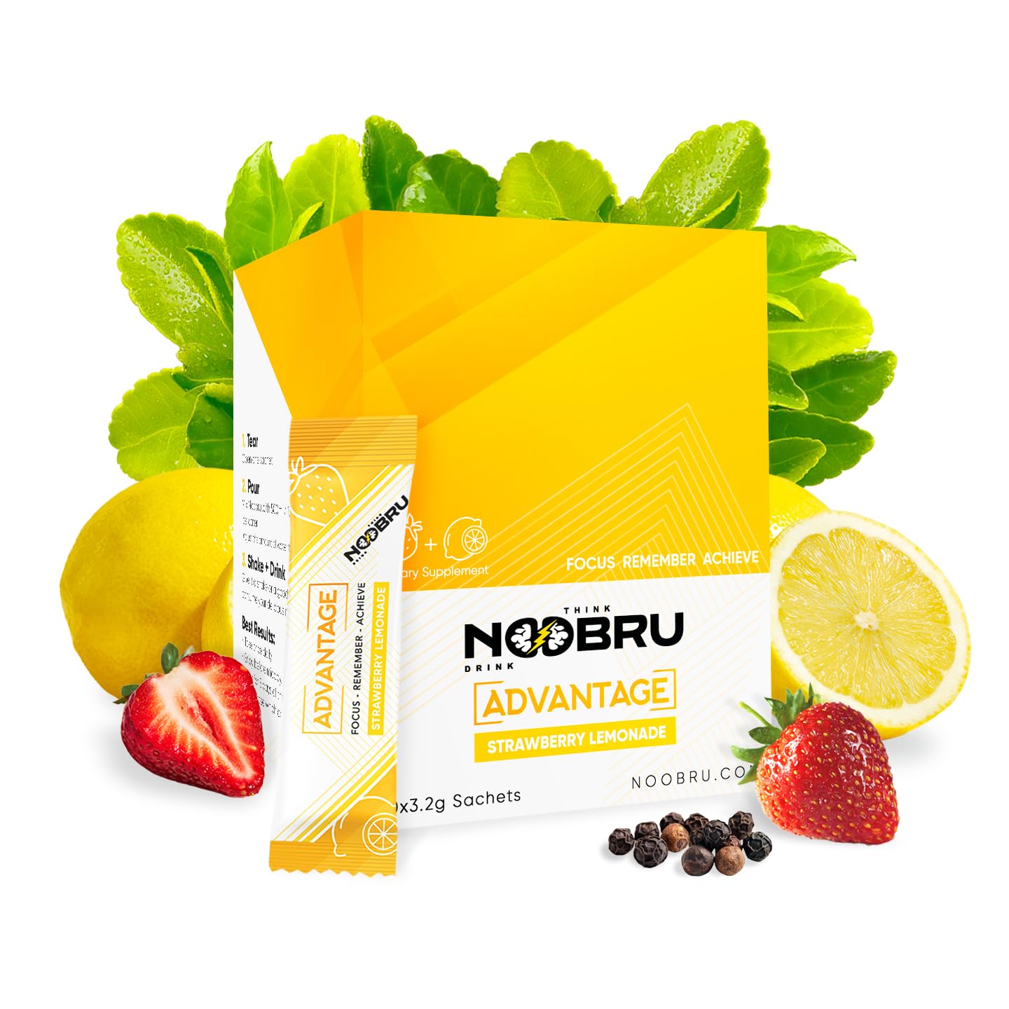 Noobru empaque frontal mostrando 20 sobres y beneficio portable