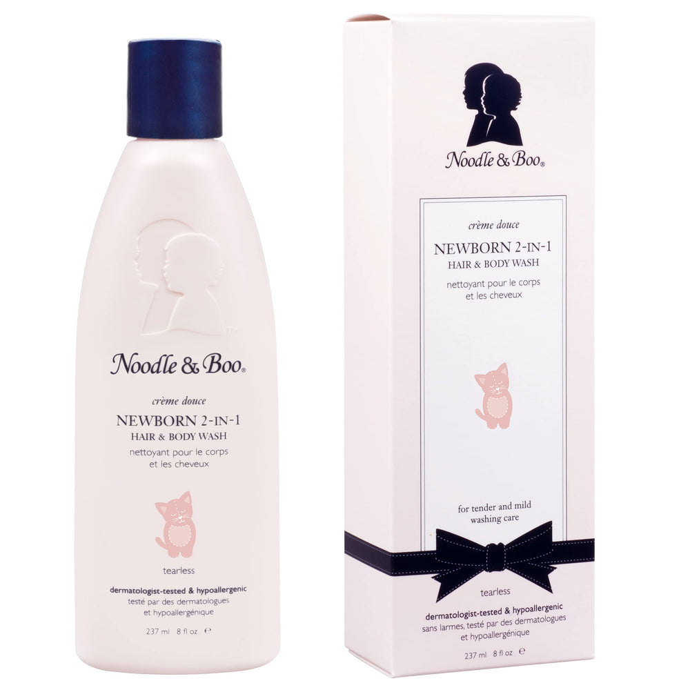 Noodle & Boo envase frontal rosa/azul mostrando etiqueta y beneficios visibles