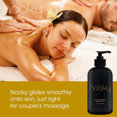 NOOKY etiqueta detallada que destaca vainilla y aceite de coco fraccionado