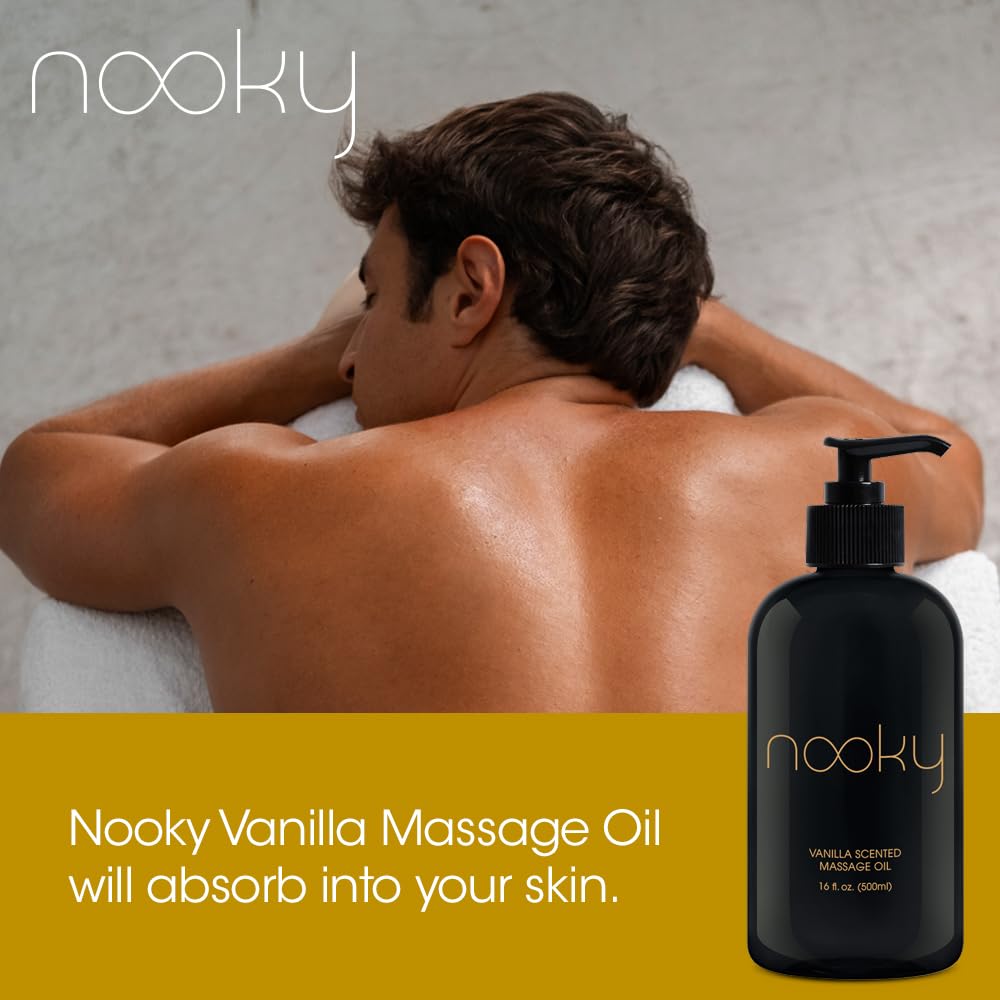 NOOKY pareja usando aceite para masaje creando ambiente íntimo y relajante