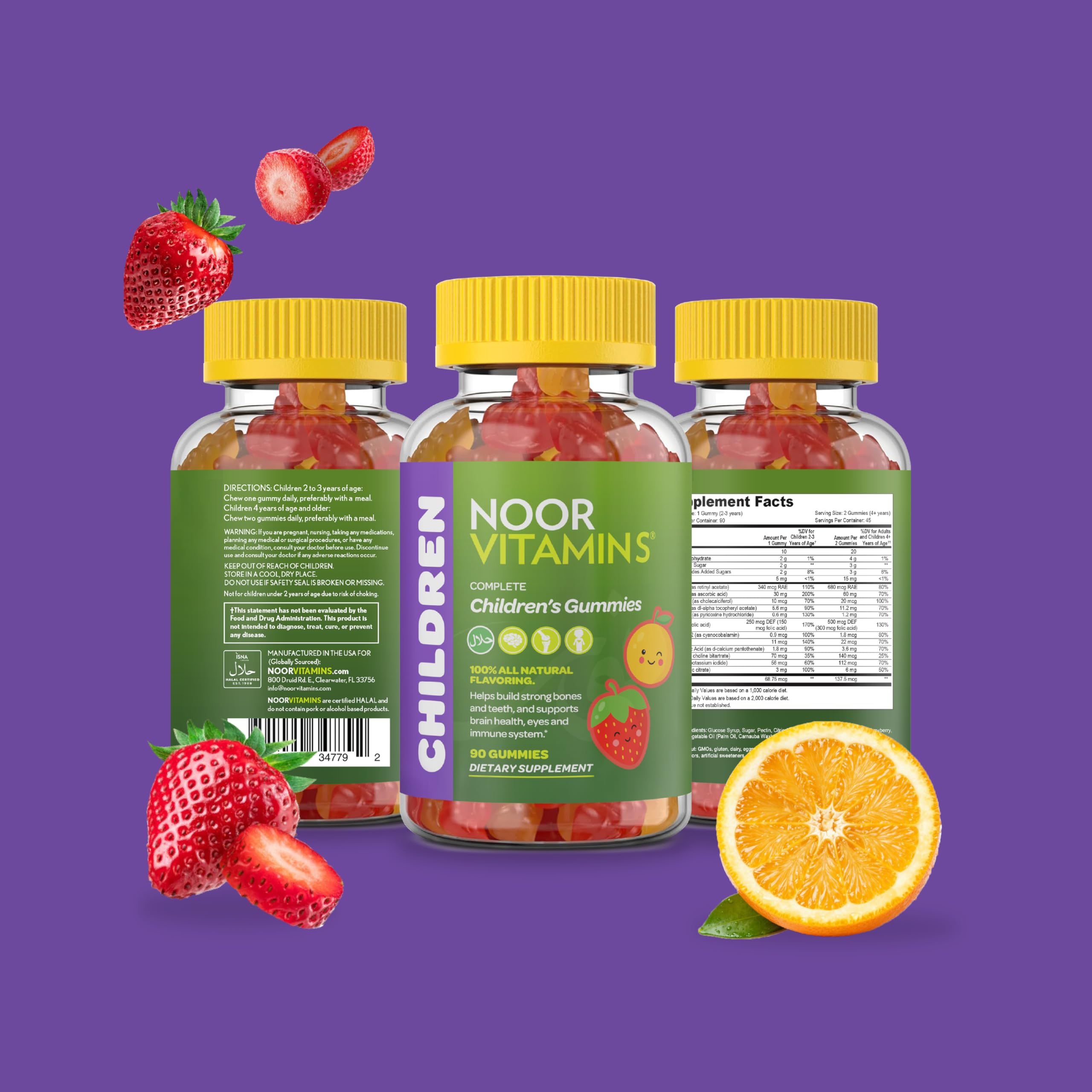 Comparación de tamaño del frasco Noor Vitamins y las 90 gomitas del contenido