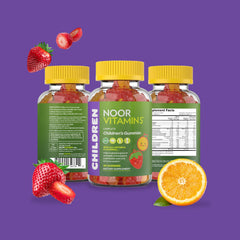 Comparación de tamaño del frasco Noor Vitamins y las 90 gomitas del contenido