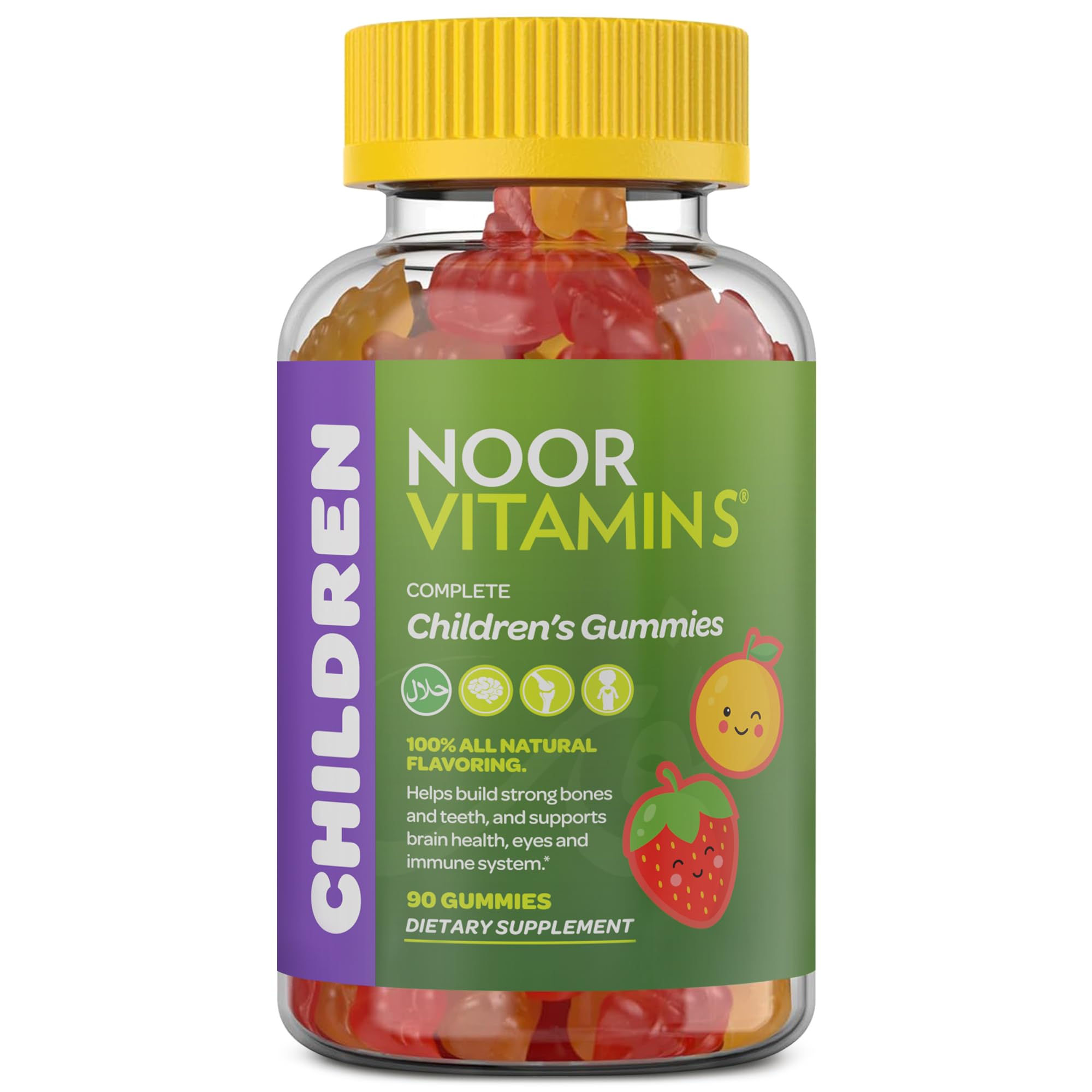 Noor Vitamins frasco frontal mostrando etiqueta clara y beneficios halal