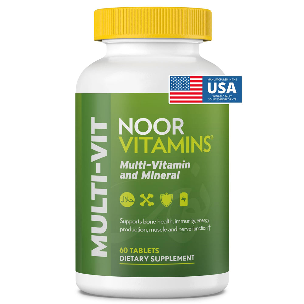 Noor Vitamins frasco frontal mostrando 60 tabletas y beneficio de suministro dos meses