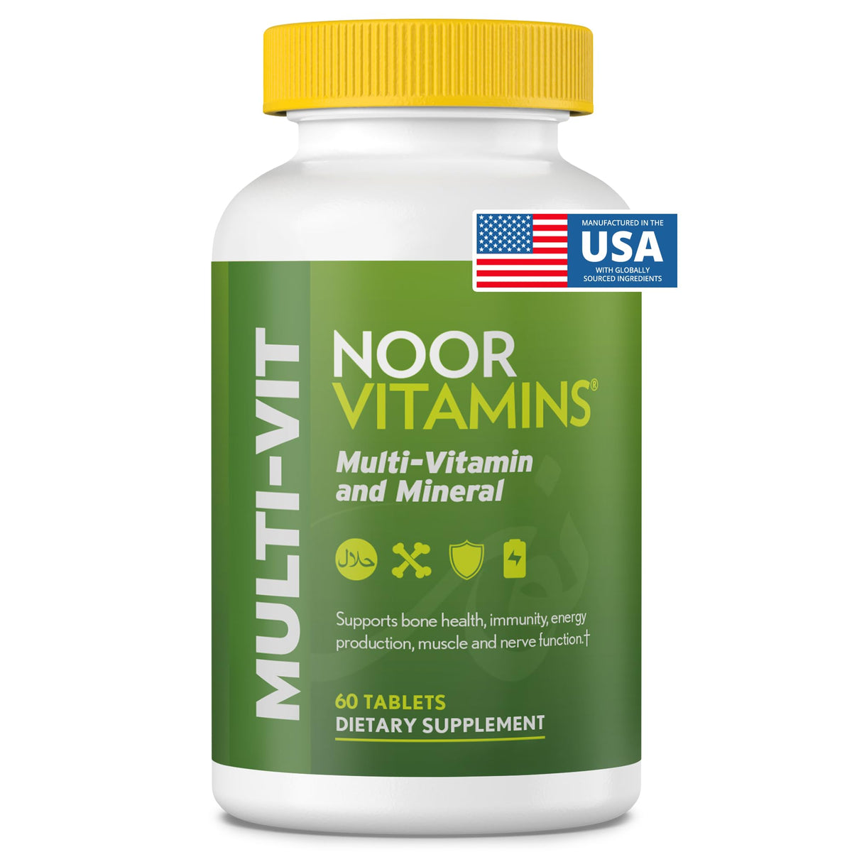 Noor Vitamins frasco frontal mostrando 60 tabletas y beneficio de suministro dos meses