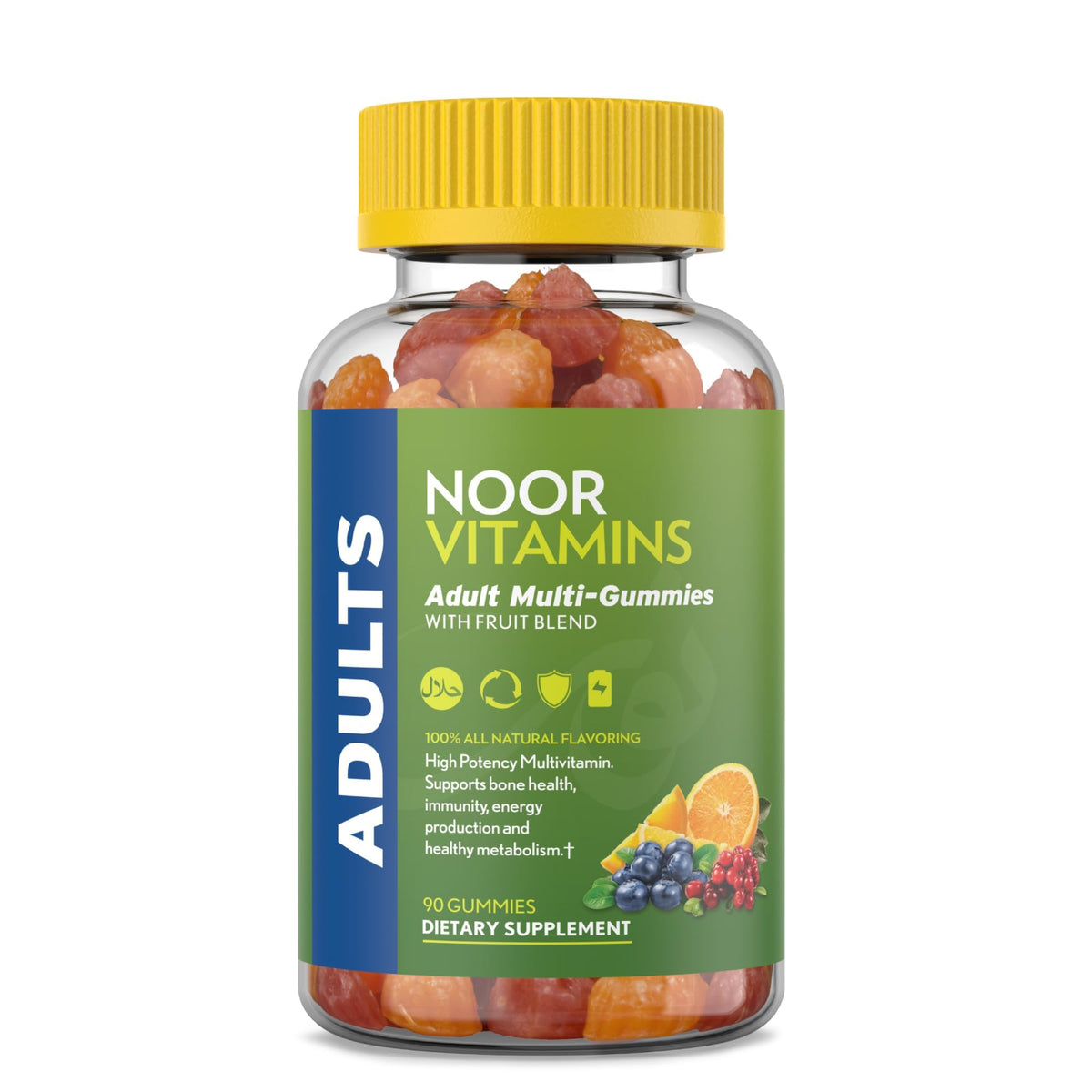 Noor Vitamins frente del empaque mostrando 90 gomitas y beneficio de claridad de información