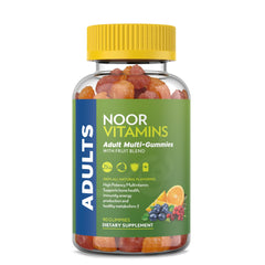 Noor Vitamins frente del empaque mostrando 90 gomitas y beneficio de claridad de información