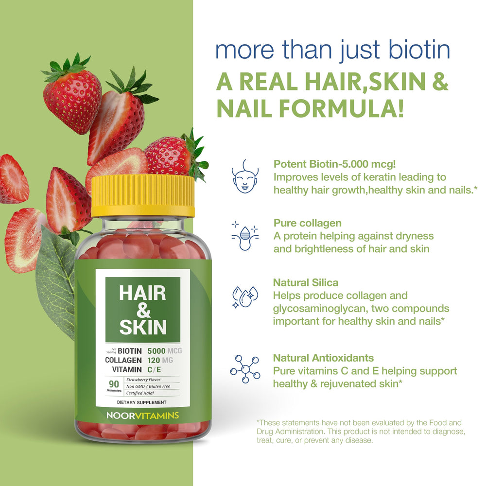 Detalle de ingredientes en la fórmula Noor Vitamins con biotina y colágeno visibles