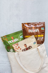 Etiqueta de NOOSH con certificaciones vegano, sin gluten y Non-GMO, tranquilidad para dietas