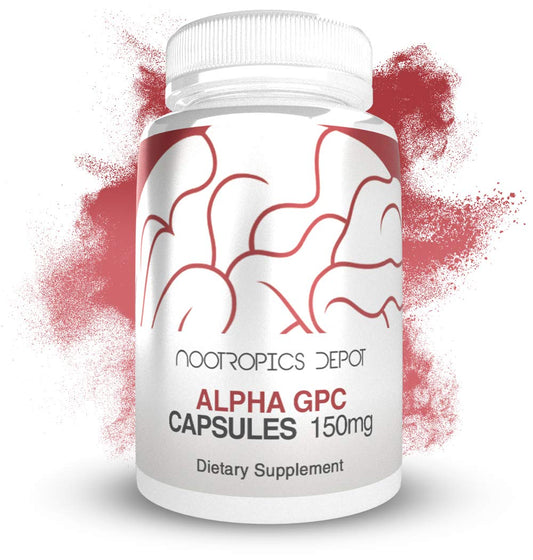 Nootropics Depot Alpha GPC, etiqueta del producto, destaca pureza para uso diario