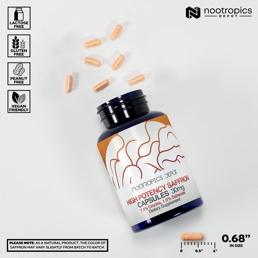 Nootropics Depot detalle de etiqueta con información de crocinas y safranales
