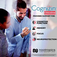 Nootropics Depot cápsula en mano sobre escritorio para foco durante trabajo