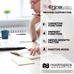 Nootropics Depot Erinamax en mano para comparar tamaño y dosificación práctica