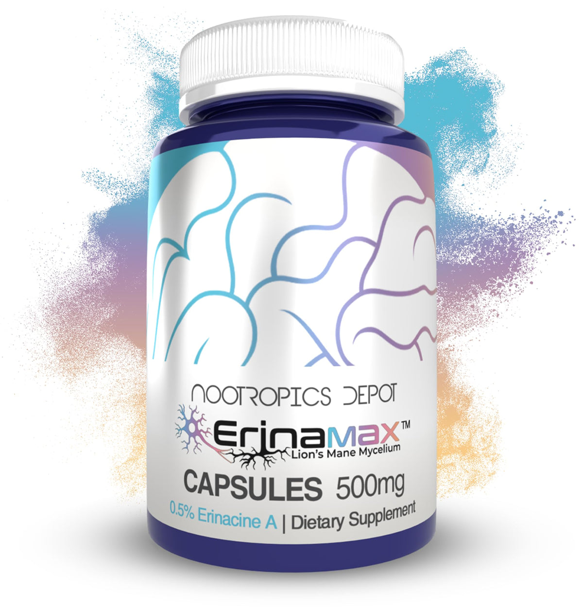 Nootropics Depot Erinamax frontal mostrando botella y etiqueta, aporta confianza