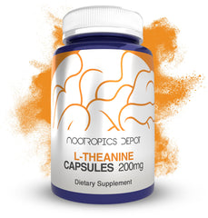 Nootropics Depot frasco delantero mostrando 90 cápsulas y beneficio de relajación