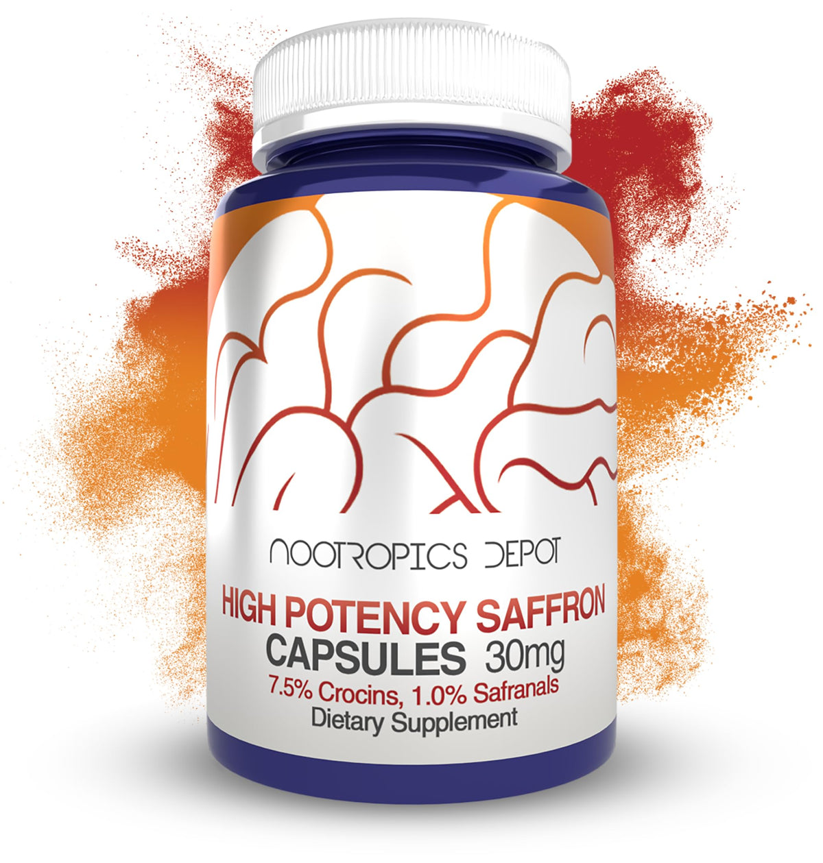 Nootropics Depot frasco frontal mostrando etiqueta clara y cantidad