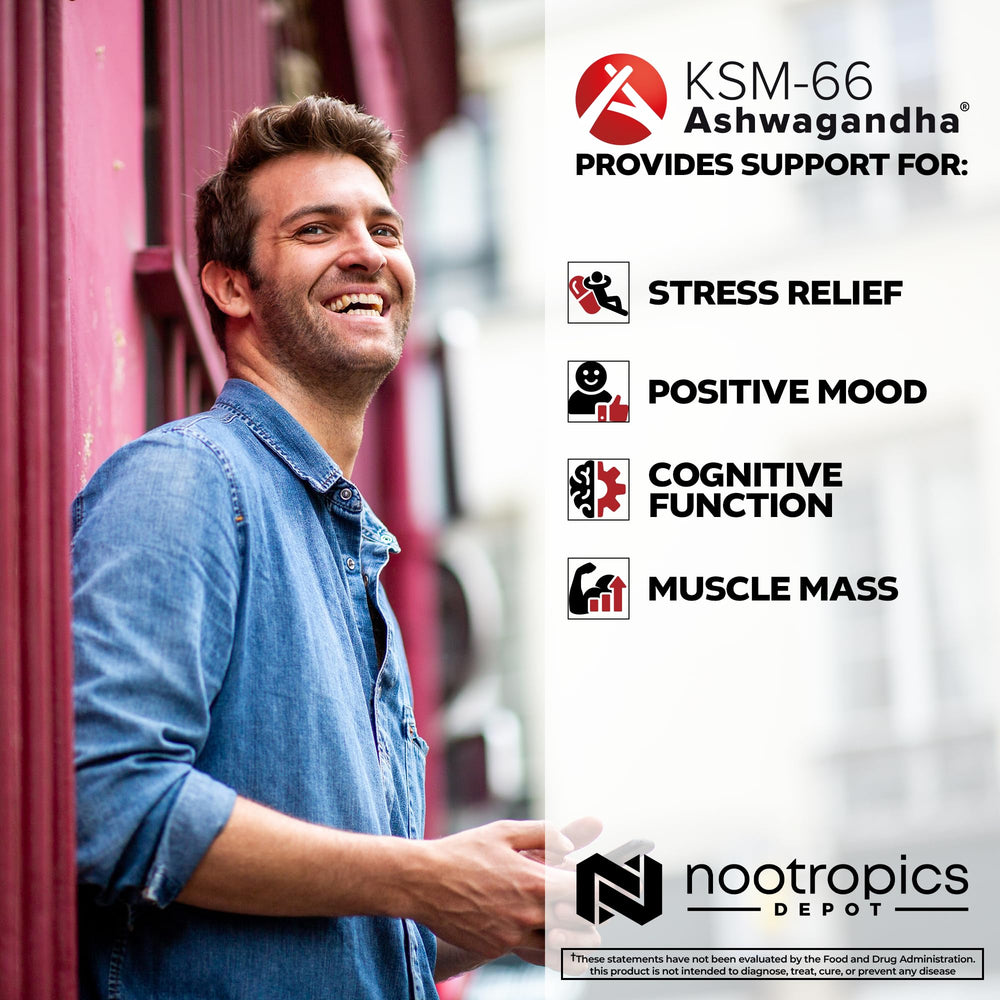 Nootropics Depot KSM-66 envase en mano para comparar tamaño y control de porciones