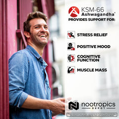 Nootropics Depot KSM-66 envase en mano para comparar tamaño y control de porciones