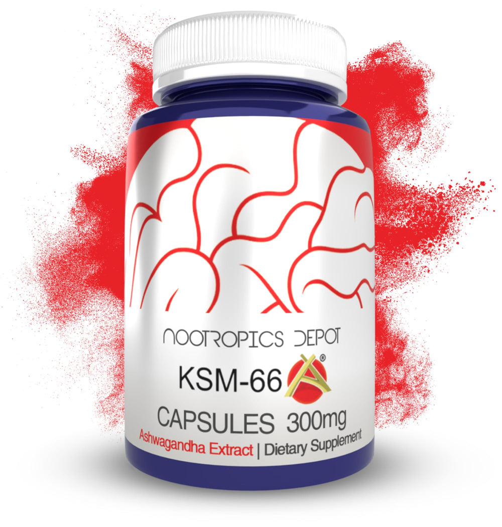 Nootropics Depot KSM-66 frontal mostrando envase y cantidad 90 cápsulas, confianza en calidad