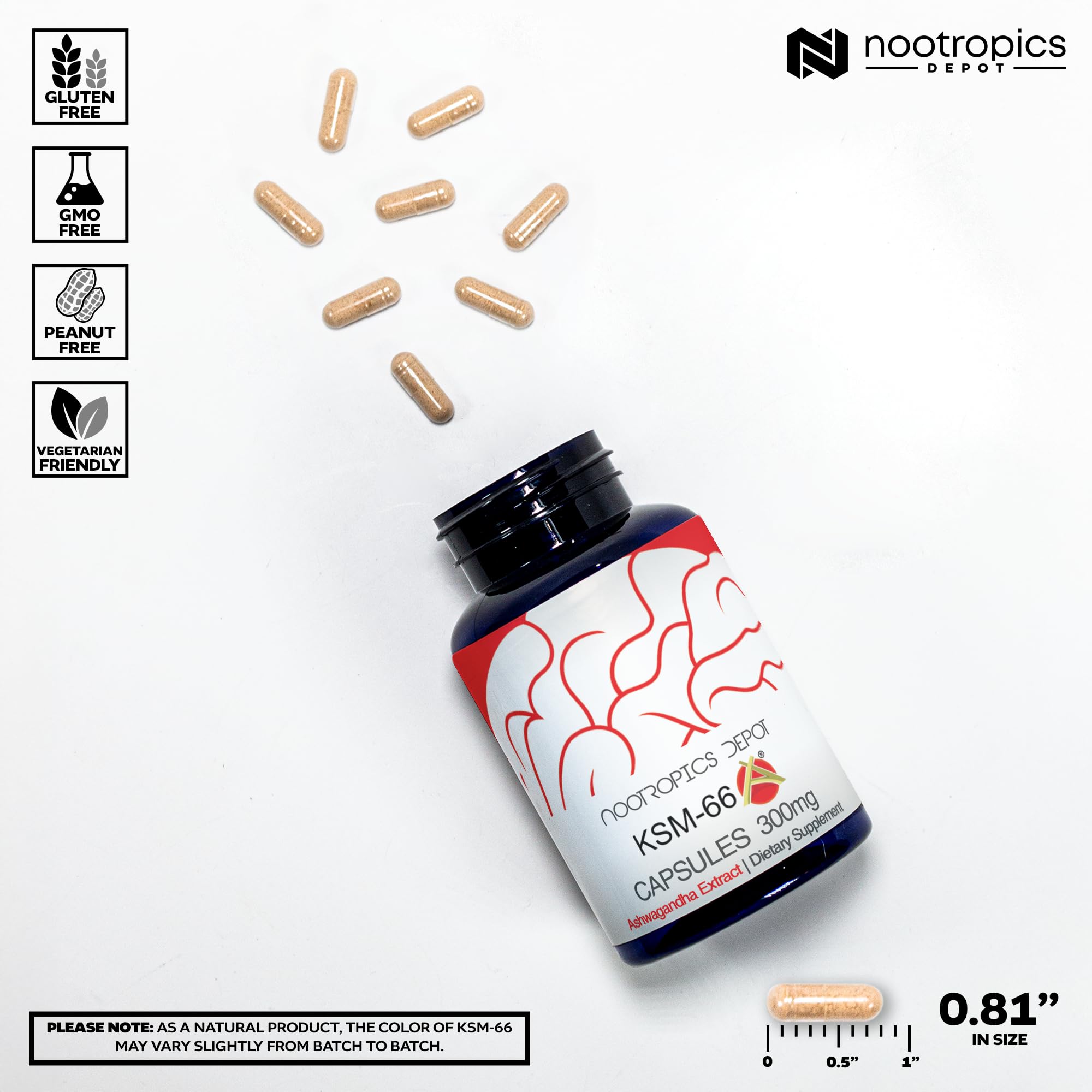 Nootropics Depot KSM-66 polvo y raíz mostrando origen de extracto y pureza