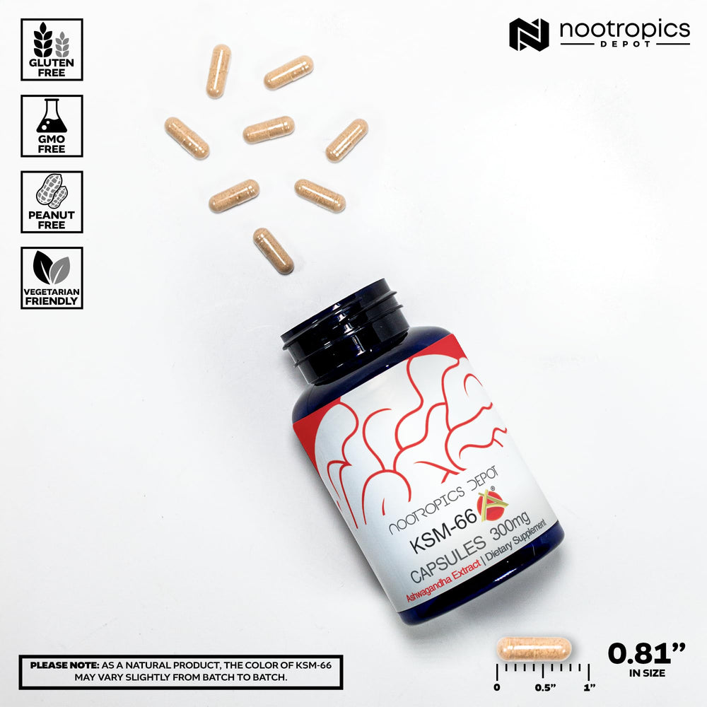 Nootropics Depot KSM-66 polvo y raíz mostrando origen de extracto y pureza