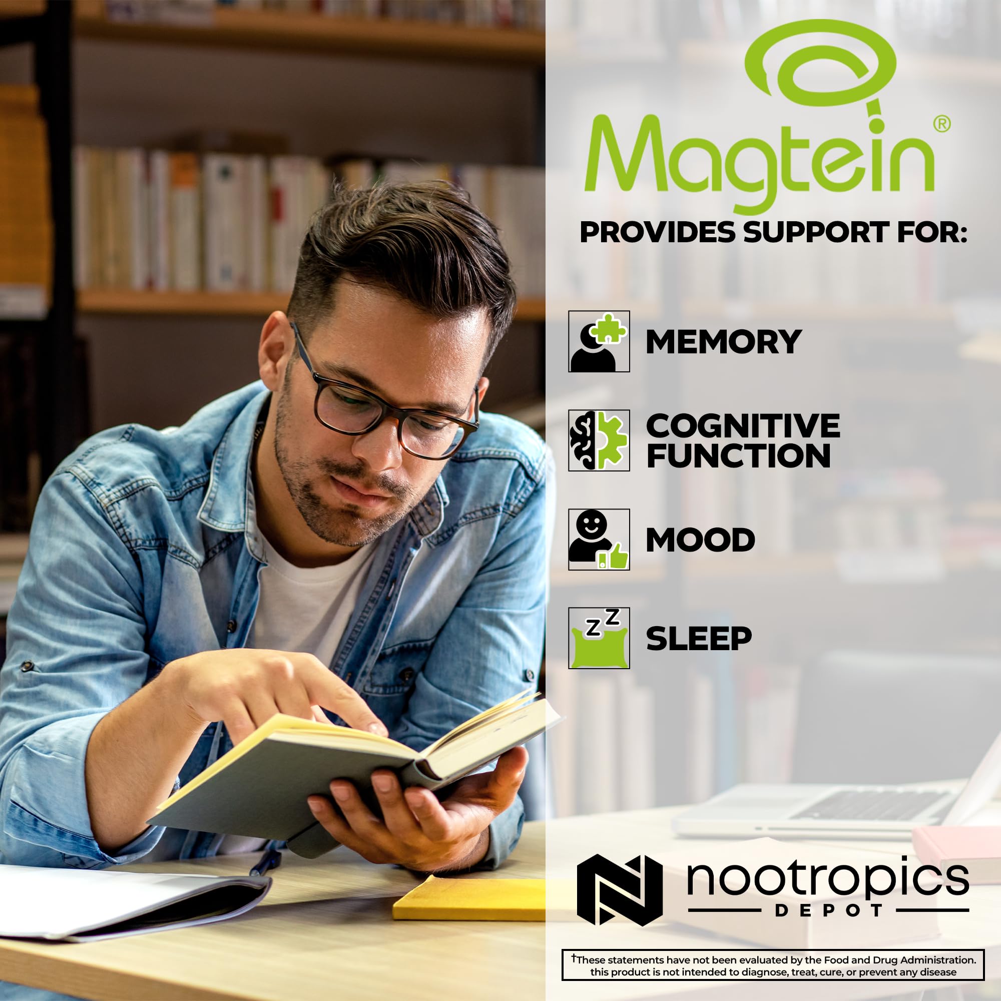 Nootropics Depot Magtein primer plano de cápsulas mostrando color y textura natural