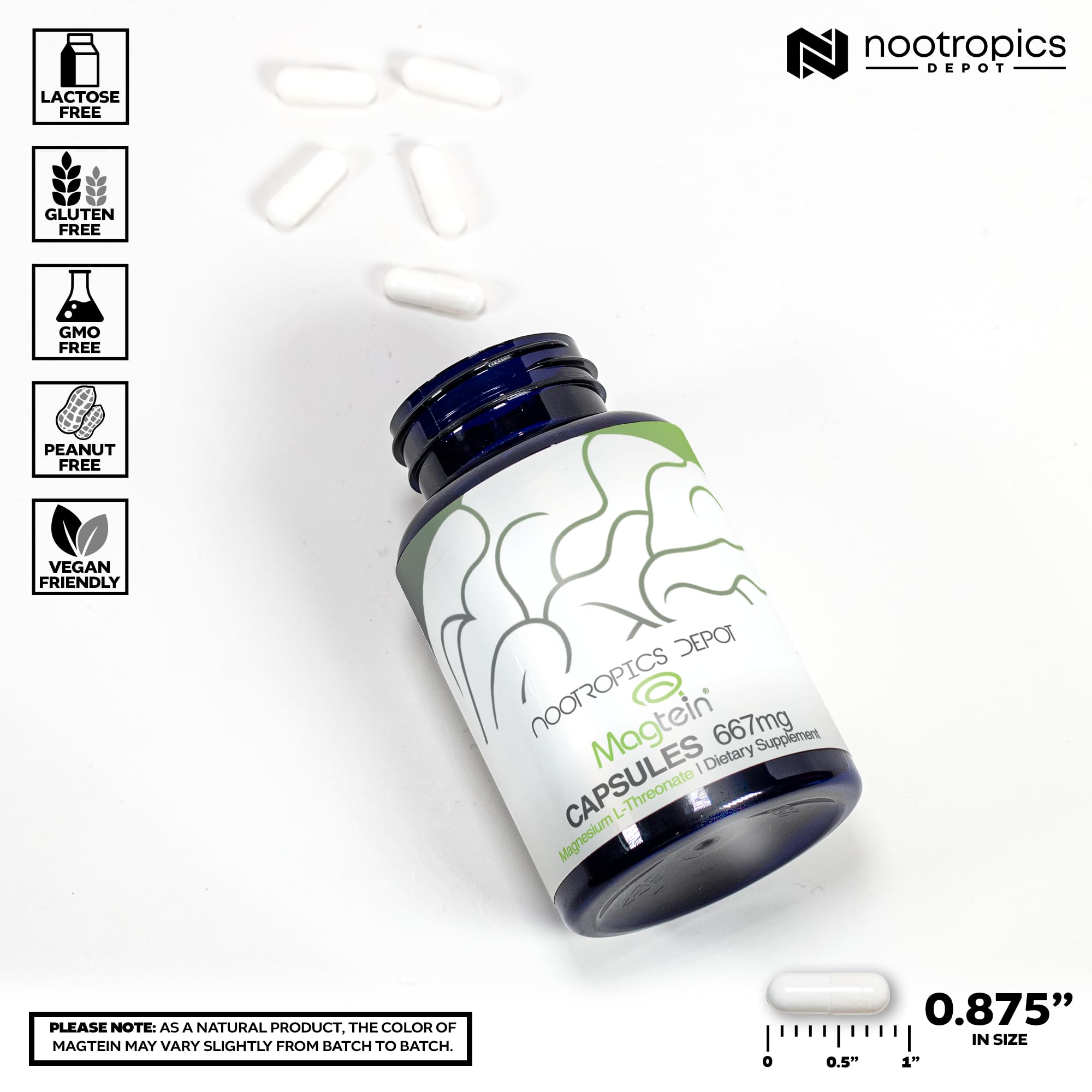 Nootropics Depot Magtein etiqueta detallada destacando patente y pruebas de pureza