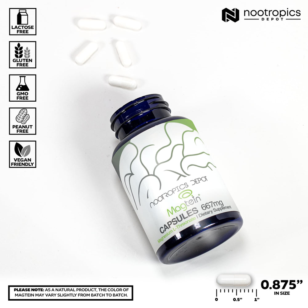 Nootropics Depot Magtein etiqueta detallada destacando patente y pruebas de pureza