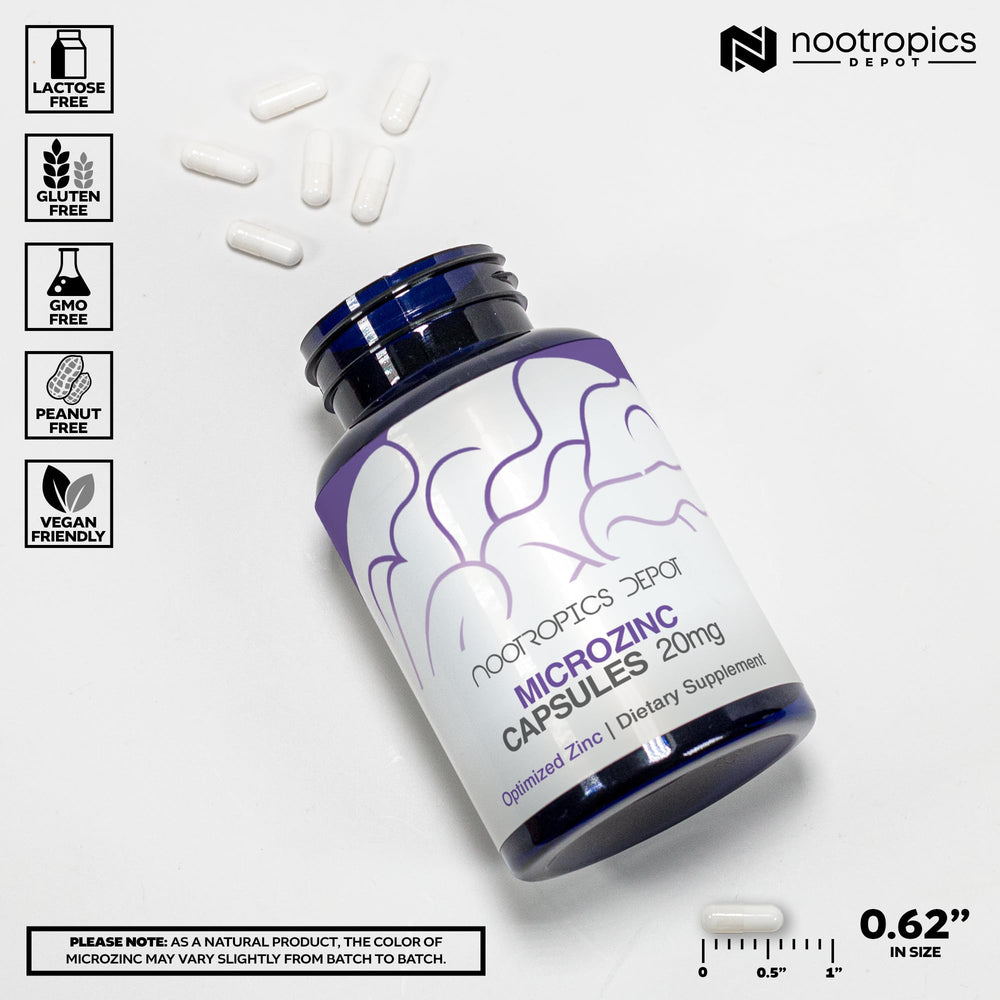 Cápsula MicroZinc abierta junto al contenido, Nootropics Depot muestra la formulación
