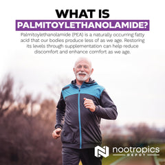 Etiqueta de Nootropics Depot PEA con información de pureza y concentración
