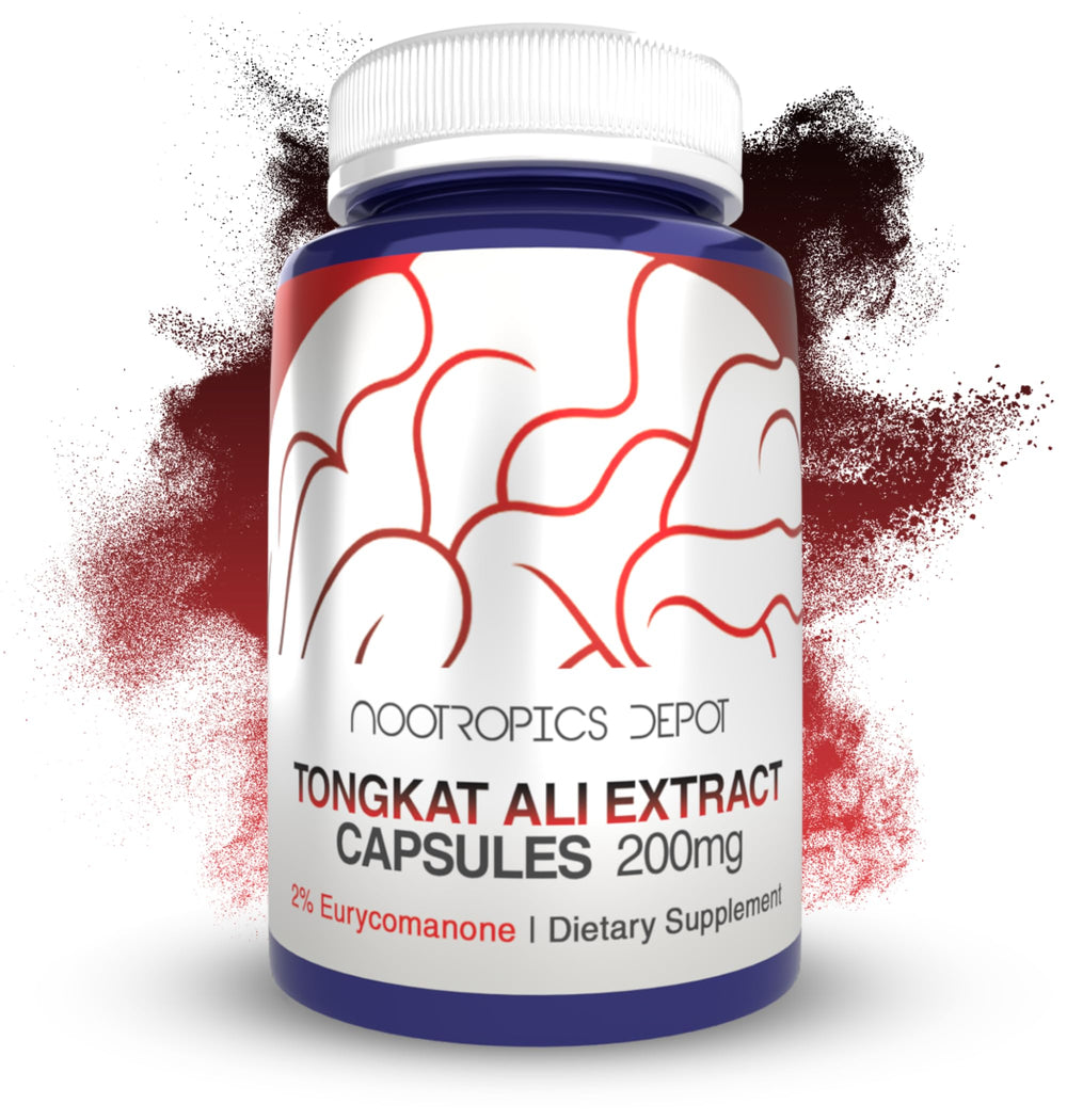 Nootropics Depot frasco frontal mostrando Tongkat Ali, confianza en calidad