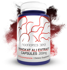 Nootropics Depot frasco frontal mostrando Tongkat Ali, confianza en calidad