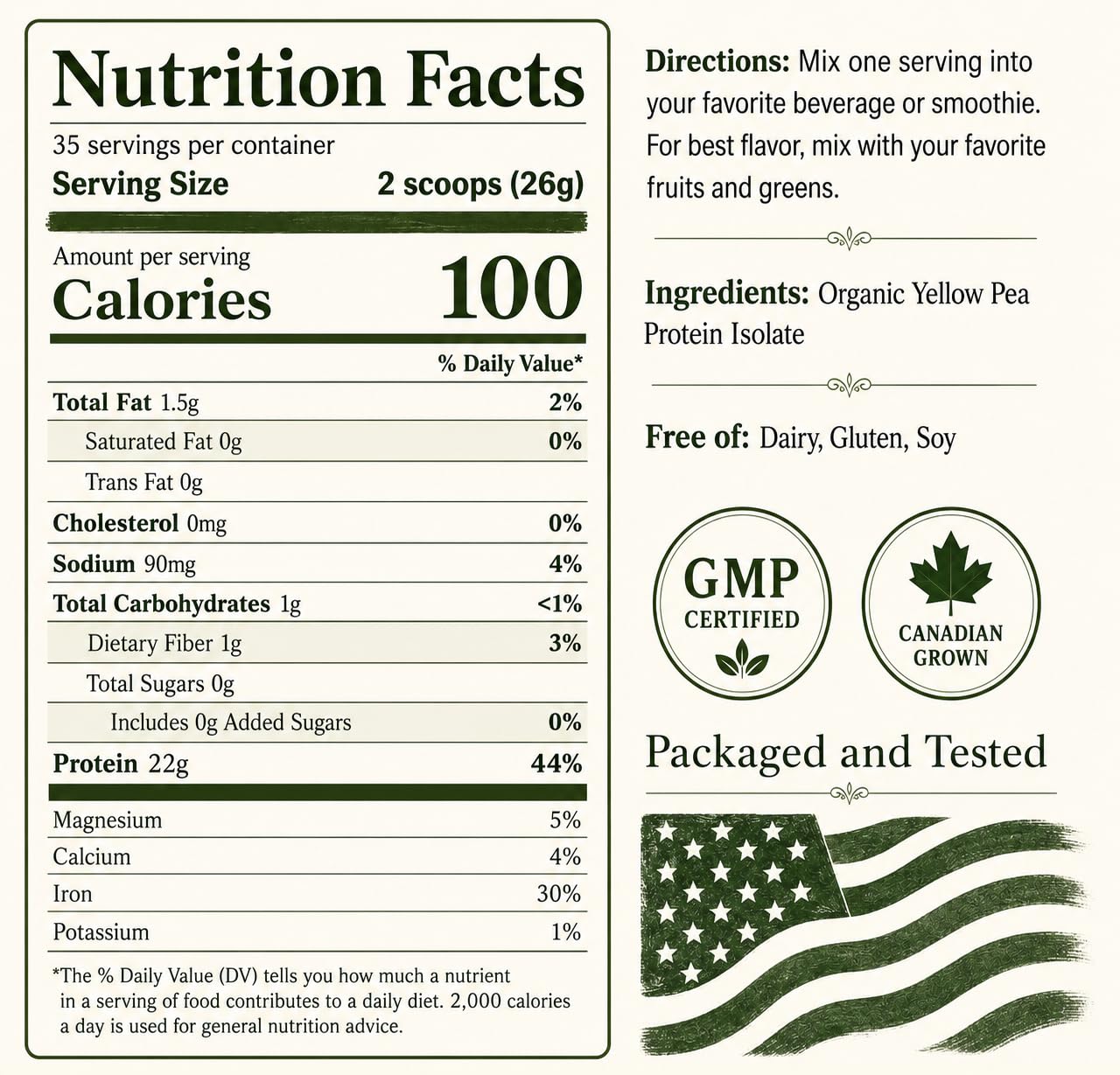 NorCal Organic etiqueta nutricional destacando 22 g proteína, transparencia